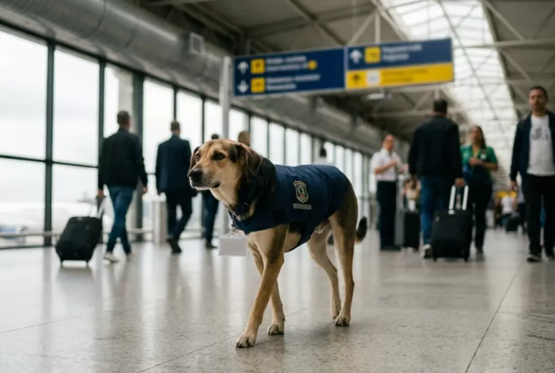 Cadela abandonada no Aeroporto de Guarulhos é adotada, ganha colete e vira 'funcionária'