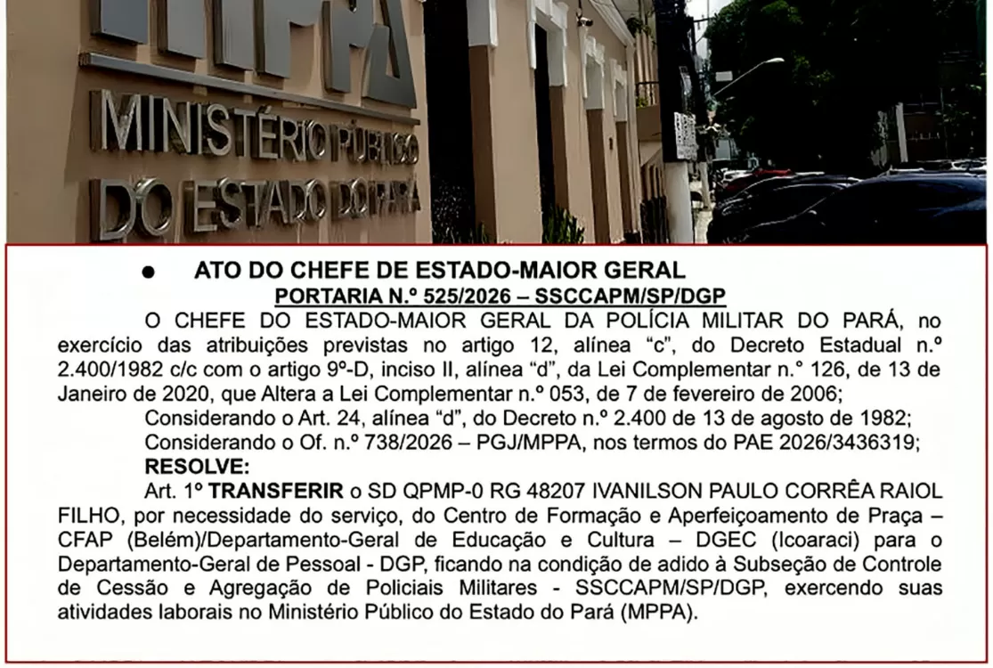 Polícia Militar manda recém-formado para gabinete do MP cinco dias depois do curso